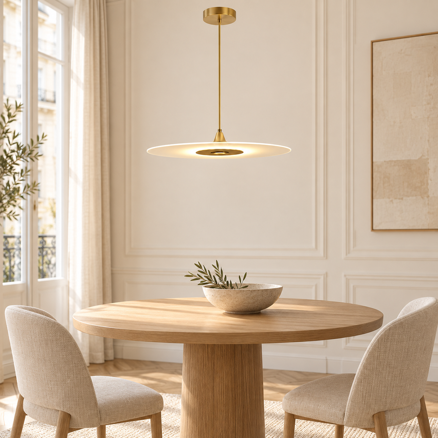Keiko doré diamètre 50 cm — suspension au-dessus d’une table en chêne