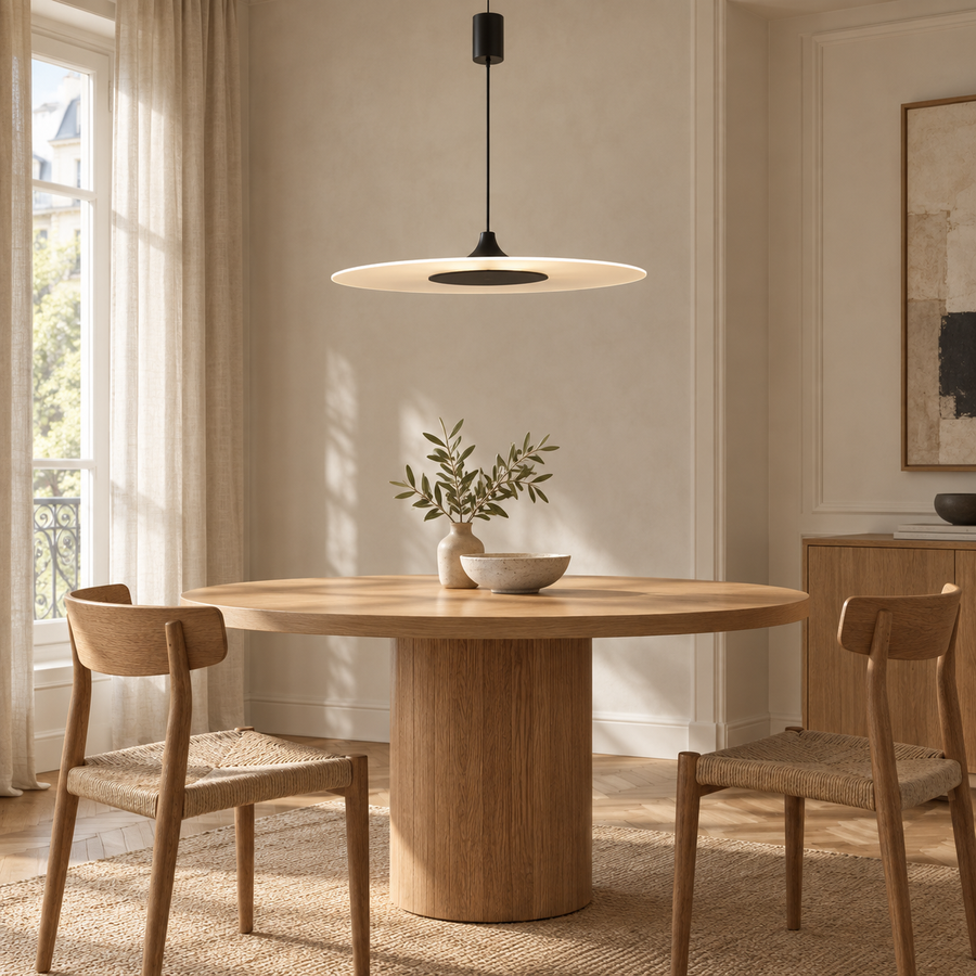 Keiko — suspension noire Ø60 cm au-dessus d’une table