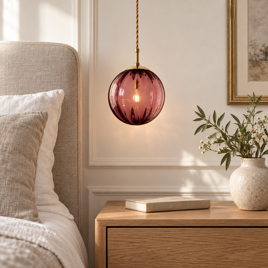 Mimosa rouge diamètre 15 cm — petite suspension en verre dans une chambre