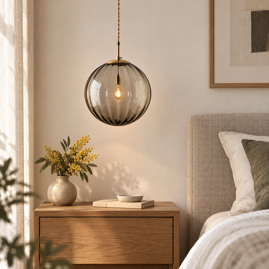 Mimosa — suspension verre gris fumé Ø20 cm près du lit