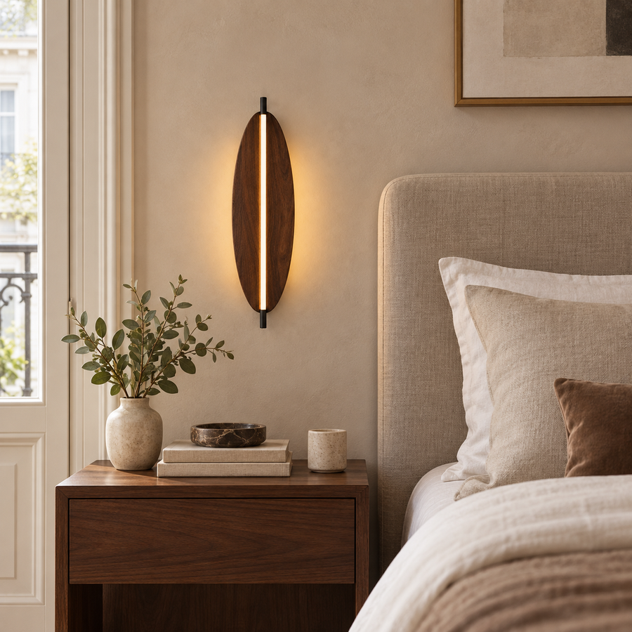 Ovalo — applique murale en bois, mise en situation dans une chambre aux tons naturels