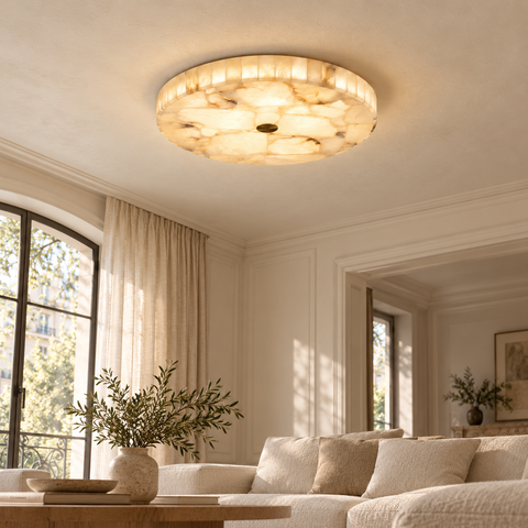 Visualisation d’ambiance — Sélène Ø 50 cm en blanc chaud au plafond d’un salon