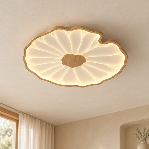 Solara en finition bois naturel, une feuille, lumière chaude dans un intérieur crème