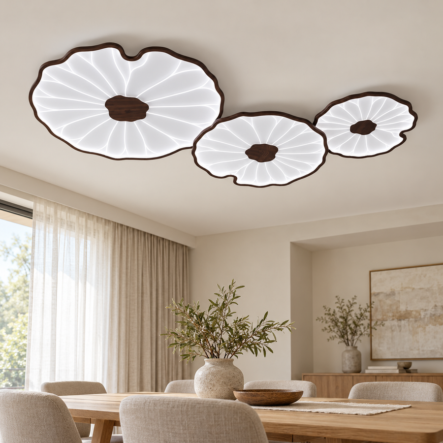 Solara, trois feuilles finition noyer, lumière froide dans une salle à manger