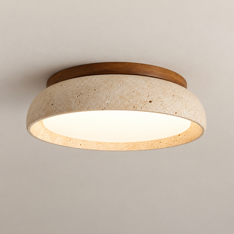 Solena Ø 30 cm — plafonnier travertin et bois, vue studio