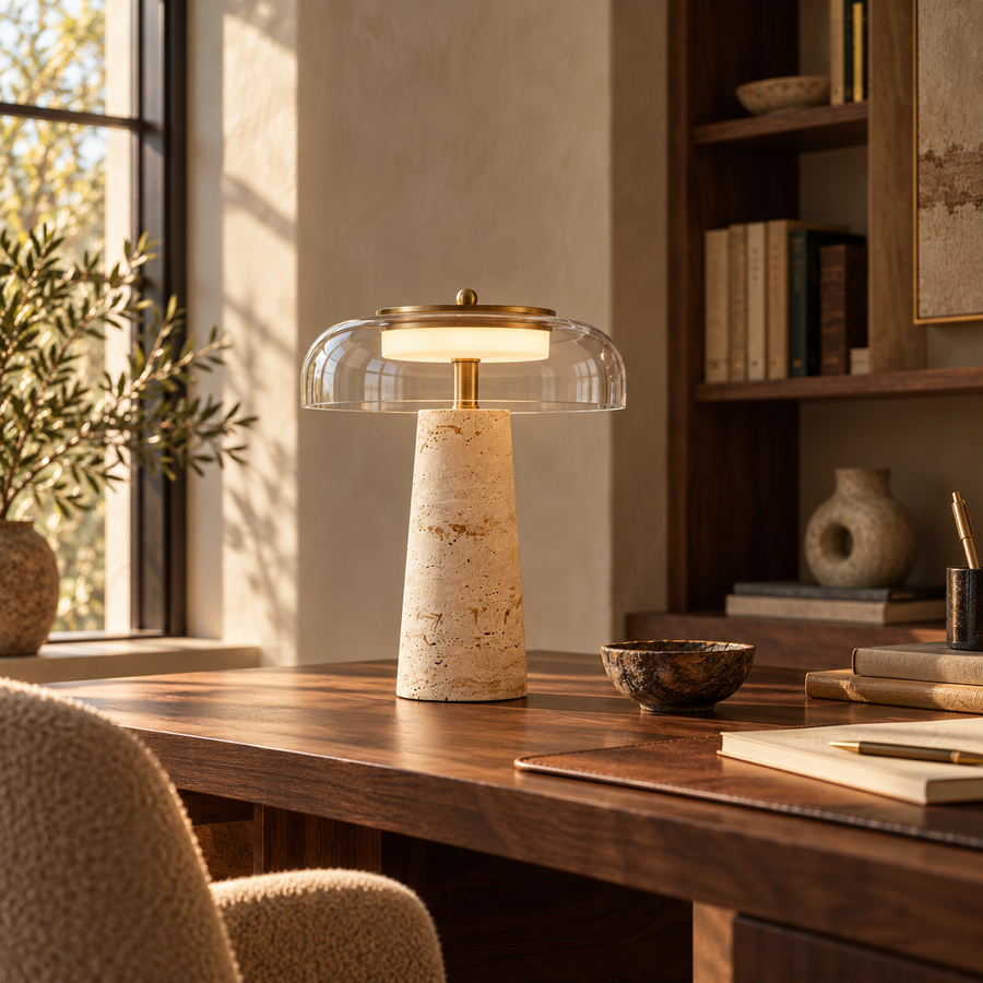 Lampe Oréa en travertin mise en scène sur un bureau en noyer