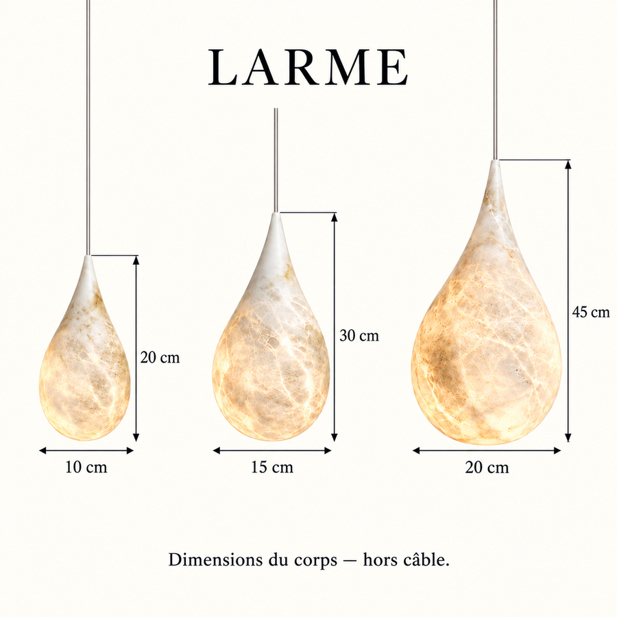 Larme — dimensions du corps hors câble : 20 × 10, 30 × 15 et 45 × 20 cm