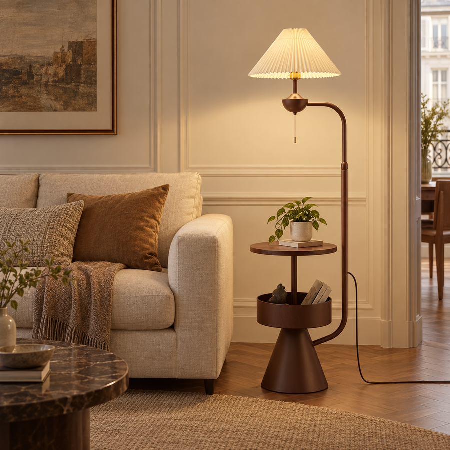 Nexus — lampadaire à abat-jour plissé et tablettes — brun