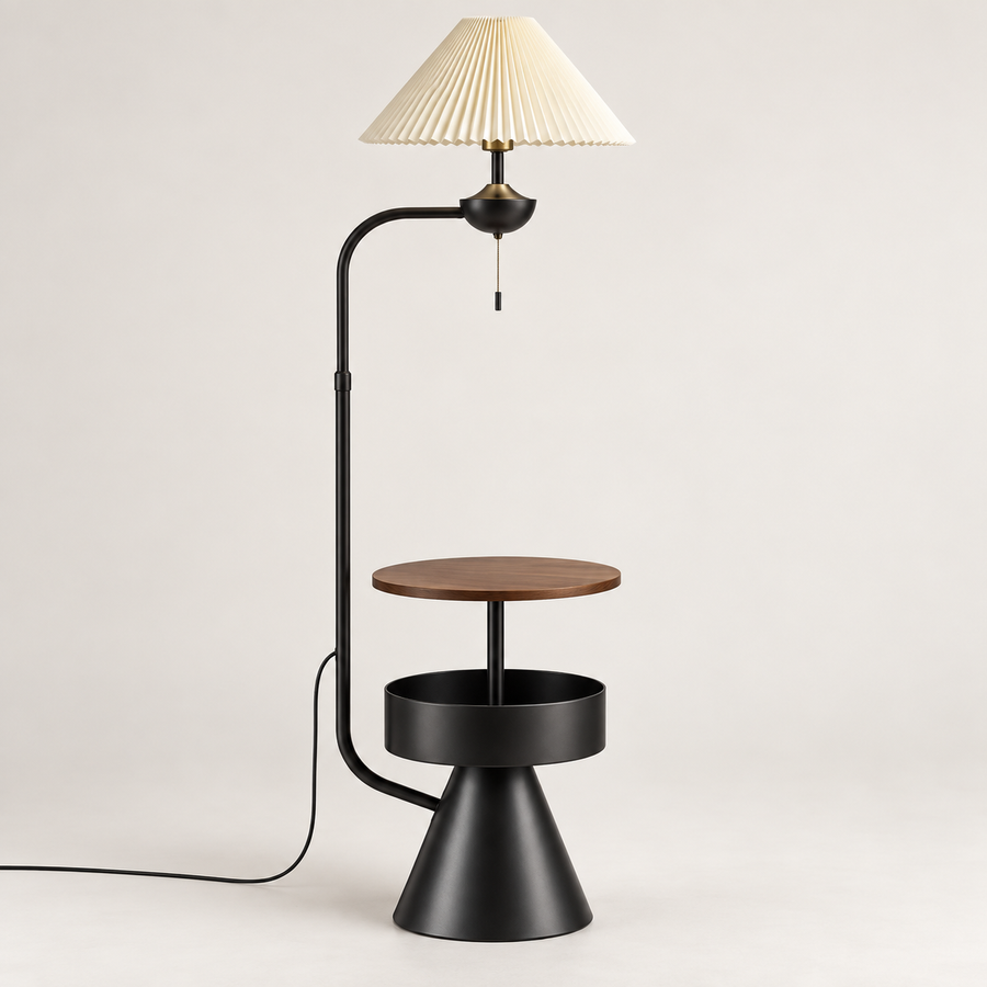 Nexus — lampadaire à abat-jour plissé et tablettes — noir