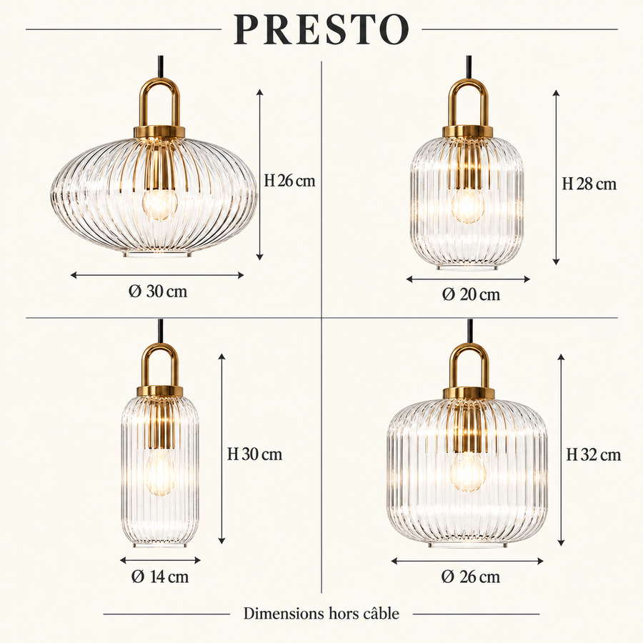 Presto — quatre formes documentées — dimensions hors câble