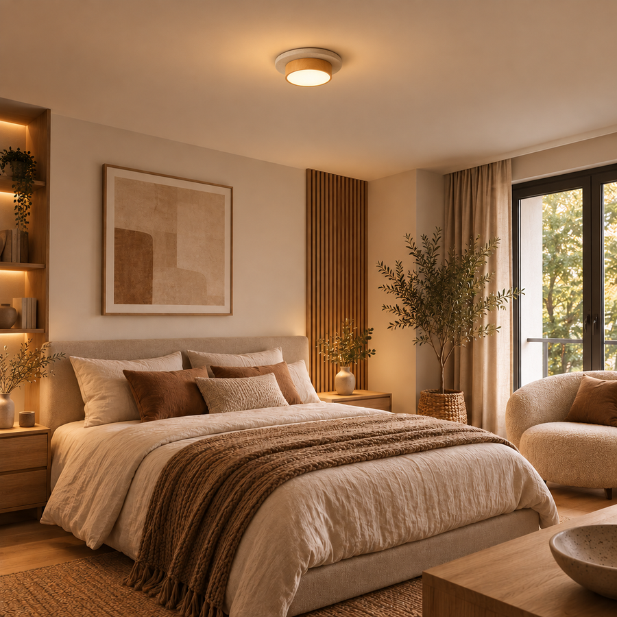 Quantum Ø22 cm — bois clair en chambre, échelle corrigée