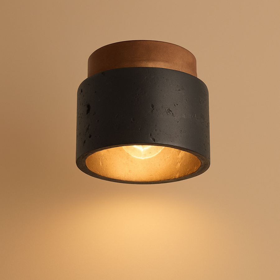 Plafonnier Cylindre Béton Noir et Bois Naturel - Salon Chambre Salle à Manger — Mimosa