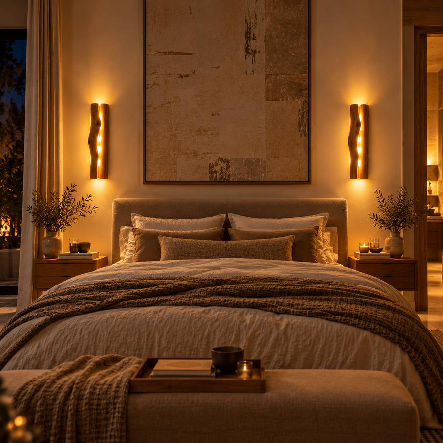Paire d'appliques Sylve en bois de part et d'autre d'un lit, chambre chaleureuse aux tons terreux