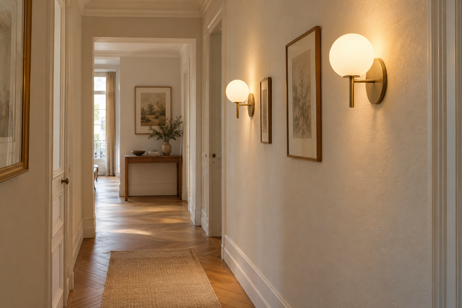 Deux appliques en laiton et verre opalin éclairent un couloir ivoire — illustration d’ambiance