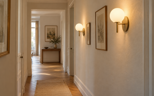 Deux appliques en laiton et verre opalin éclairent un couloir ivoire — illustration d’ambiance
