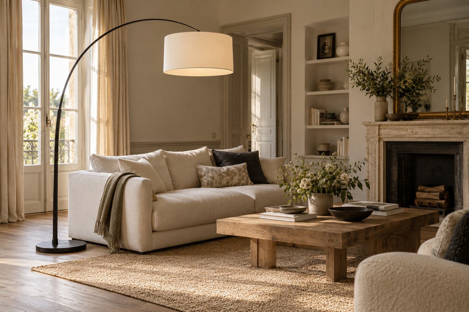 Lampadaire arc : comment le placer dans votre salon — illustration d’ambiance