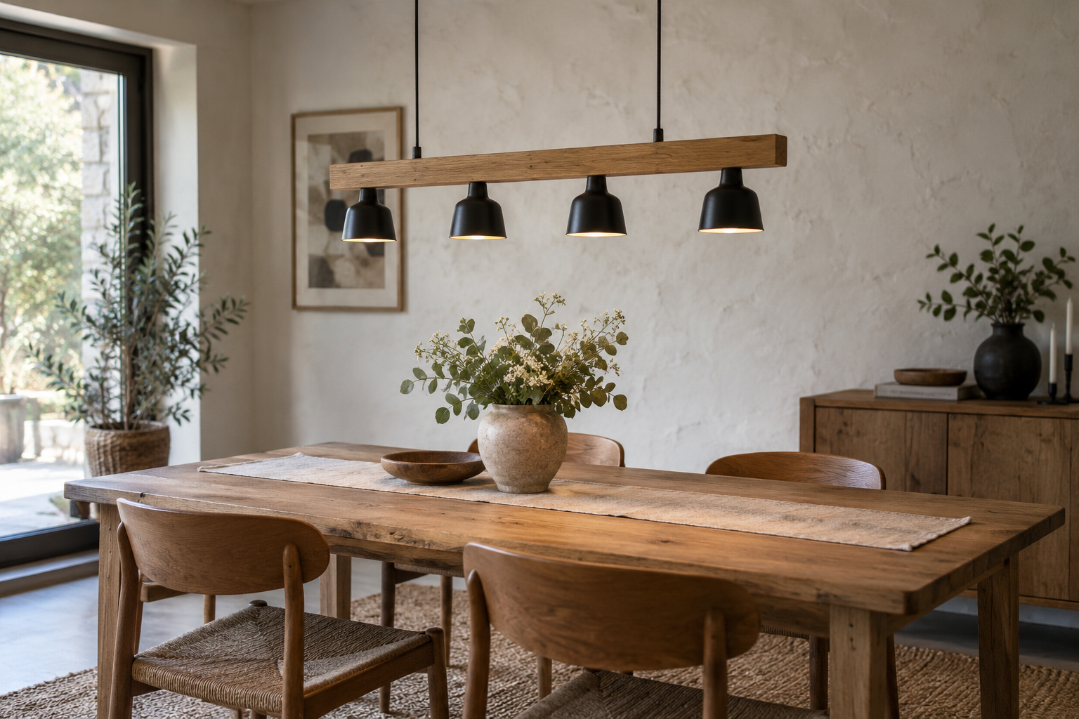 Illustration d’ambiance — Lustre bois et métal : nature et industrie en harmonie