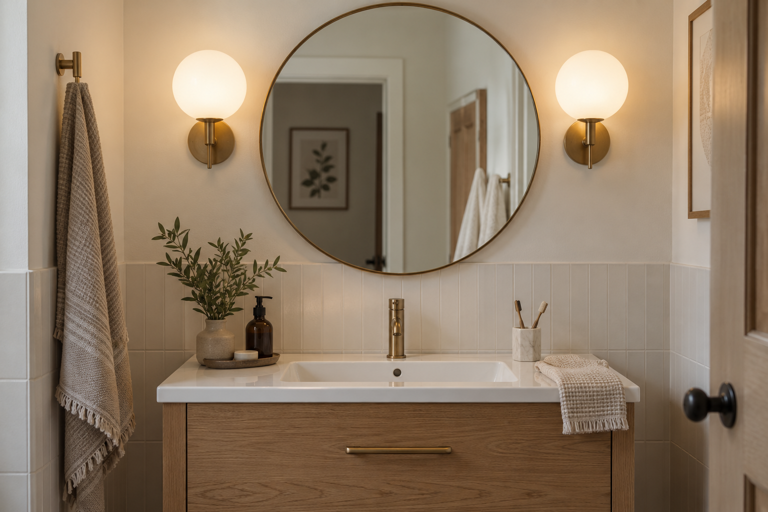 Illustration d’ambiance — Applique murale salle de bain : guide complet 2026