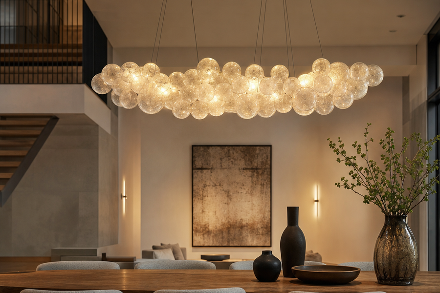 Tendances luminaires 2025 : minimalisme, materiau brut et verre souffle