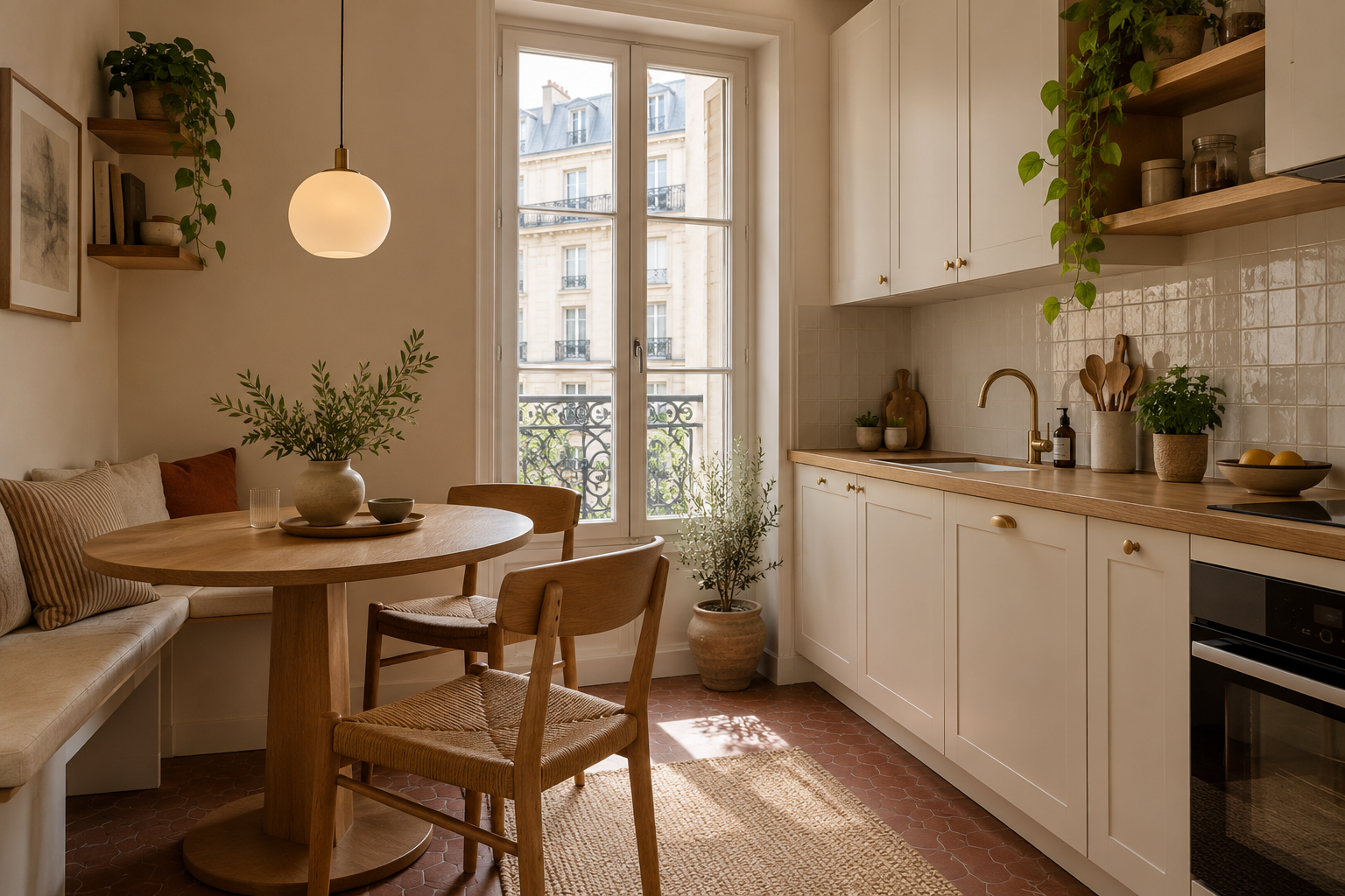 Éclairer un coin repas dans une petite cuisine — illustration d’ambiance