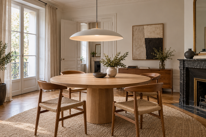 Suspension et table ronde : trouver un équilibre visuel — illustration d’ambiance