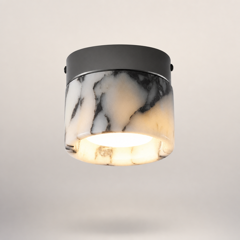 Plafonnier Cylindre Marbre Blanc et Métal Noir - Salle de Bain Salon Chambre — Voile