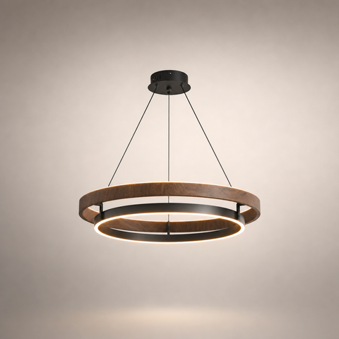 Suspension Anneau Bois Chêne et Métal Noir Minimaliste Design - Cuisine Salon Salle à Manger — Cristal