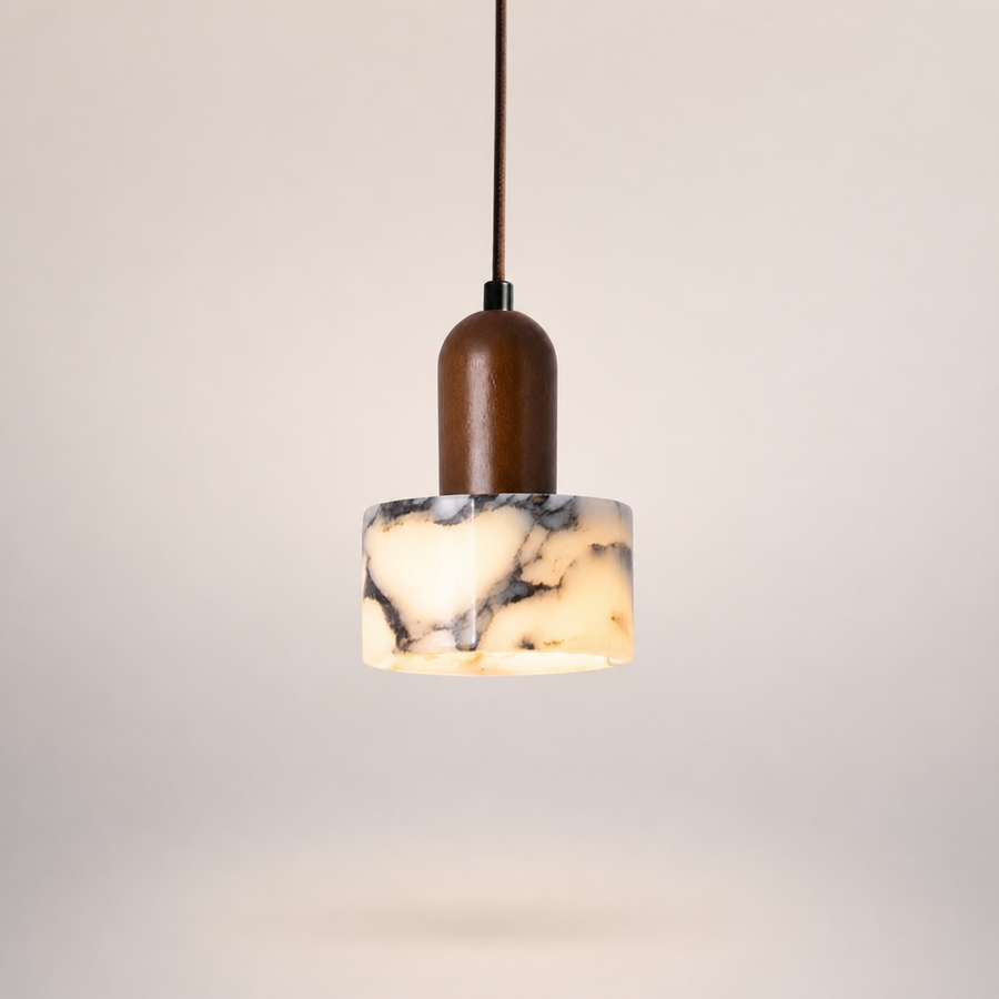 Suspension Cylindre Marbre Blanc et Bois Naturel - Cuisine Chambre Salon — Artemis