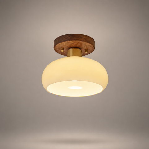 Plafonnier Dôme Verre Opalin et Bois Noyer - Salon Chambre Salle à Manger — Calotte