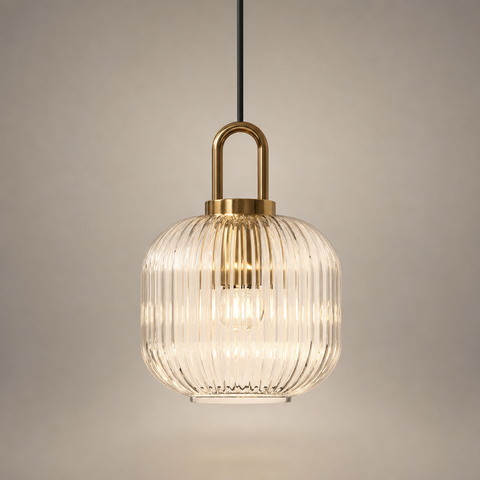 Suspension Cylindre Verre Strié et Laiton Doré - Chambre Salon Cuisine — Presto