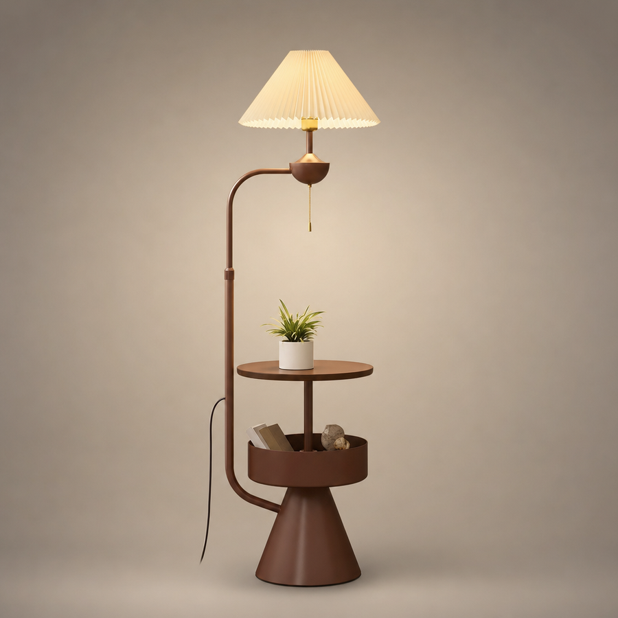 Lampadaire Tablette Métal Noir et Bois Minimaliste Design - Salon Bureau Chambre — Lumio