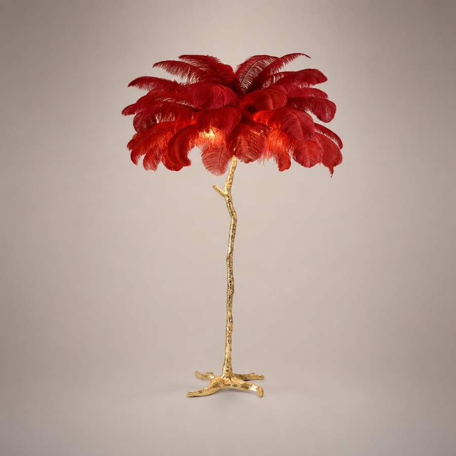 Lampadaire Feuillage Plumes Blanches et Métal Doré Art Déco - Salon Bureau Chambre — Folium