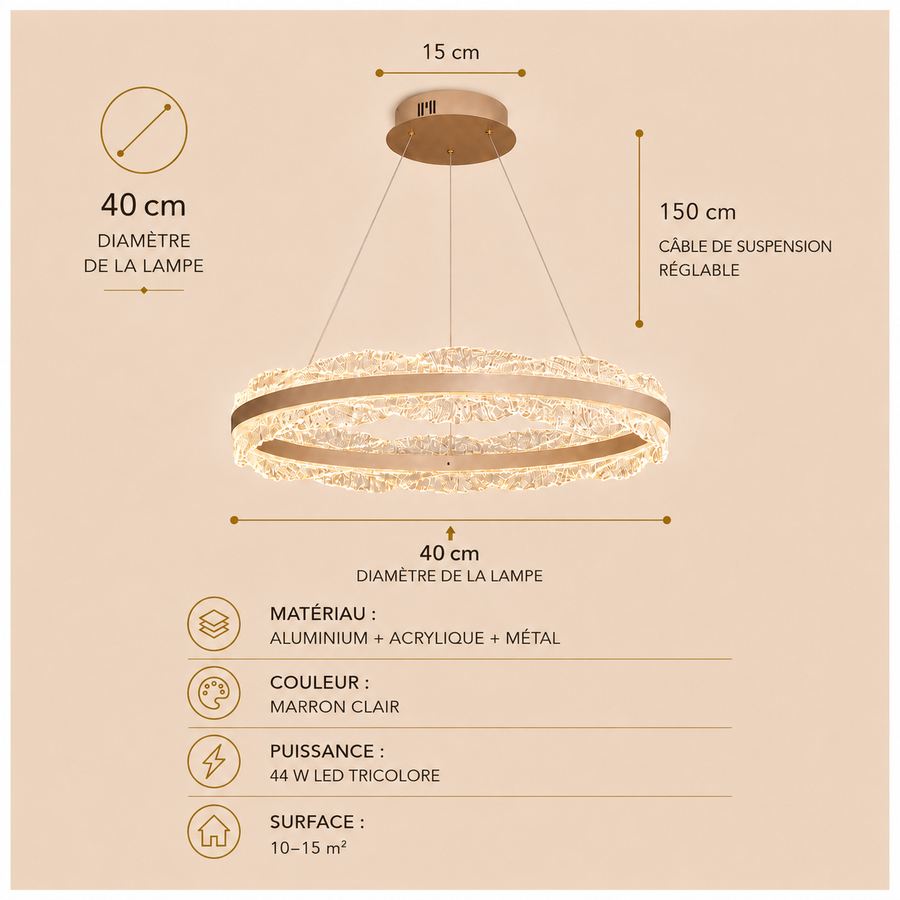 Lustre Suspension Anneaux Cristal Texturé et Métal Doré - Salon Salle à Manger — Arcus