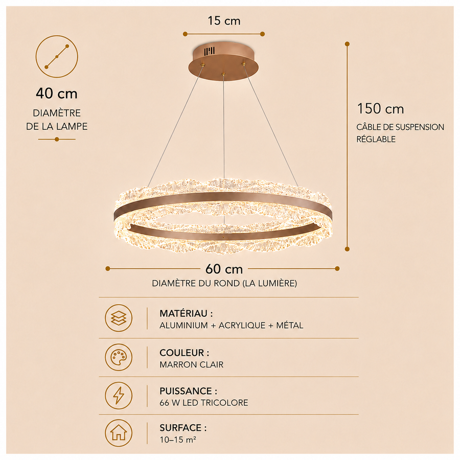 Lustre Suspension Anneaux Cristal Texturé et Métal Doré - Salon Salle à Manger — Arcus