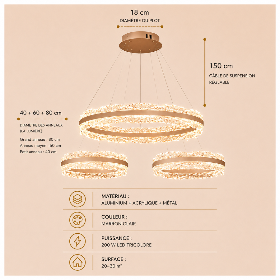 Lustre Suspension Anneaux Cristal Texturé et Métal Doré - Salon Salle à Manger — Arcus