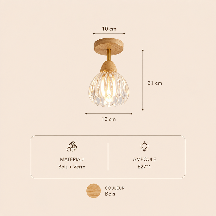 Suspension Cloche Verre Transparent et Bois Naturel - Cuisine Chambre Salon — Campanio