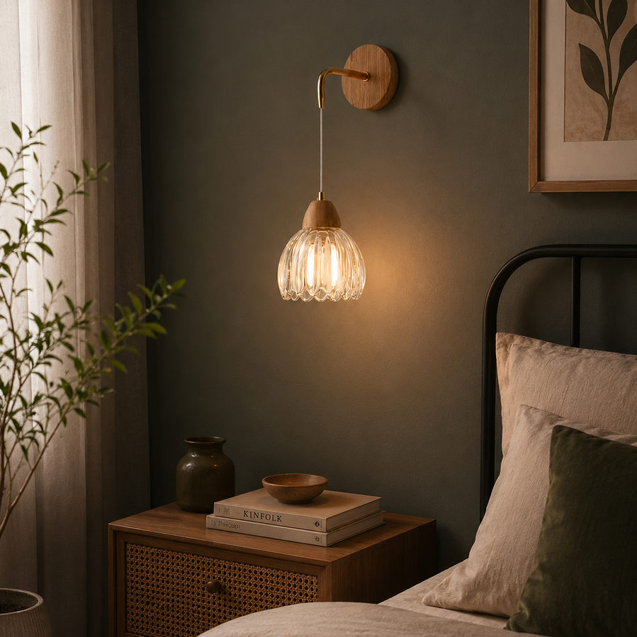 Suspension Cloche Verre Transparent et Bois Naturel - Cuisine Chambre Salon — Campanio