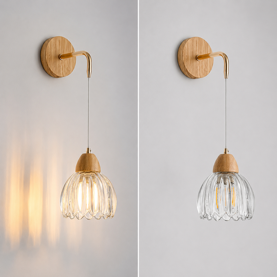 Suspension Cloche Verre Transparent et Bois Naturel - Cuisine Chambre Salon — Campanio