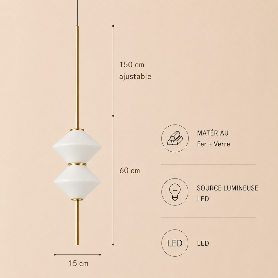 Suspension Géométrique Verre Opalin et Métal Noir - Chambre Salon Cuisine — Facetto