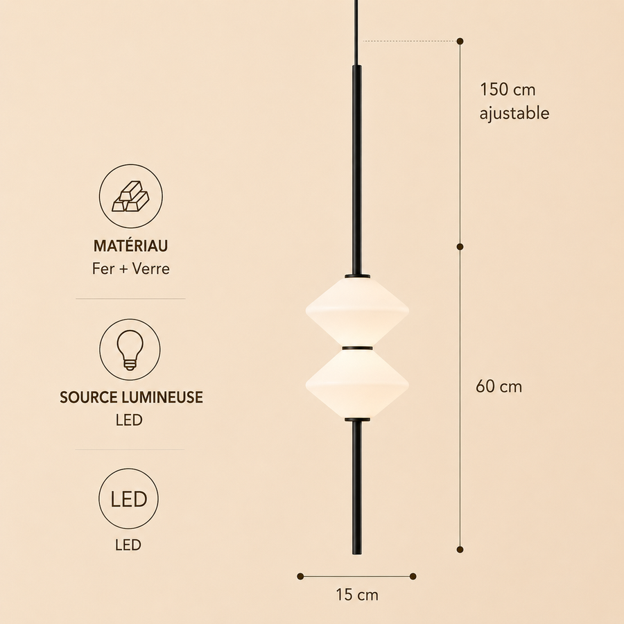 Suspension Géométrique Verre Opalin et Métal Noir - Chambre Salon Cuisine — Facetto
