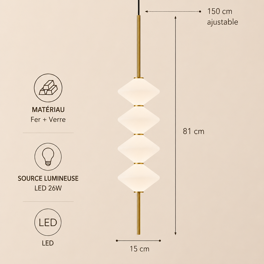 Suspension Géométrique Verre Opalin et Métal Noir - Chambre Salon Cuisine — Facetto
