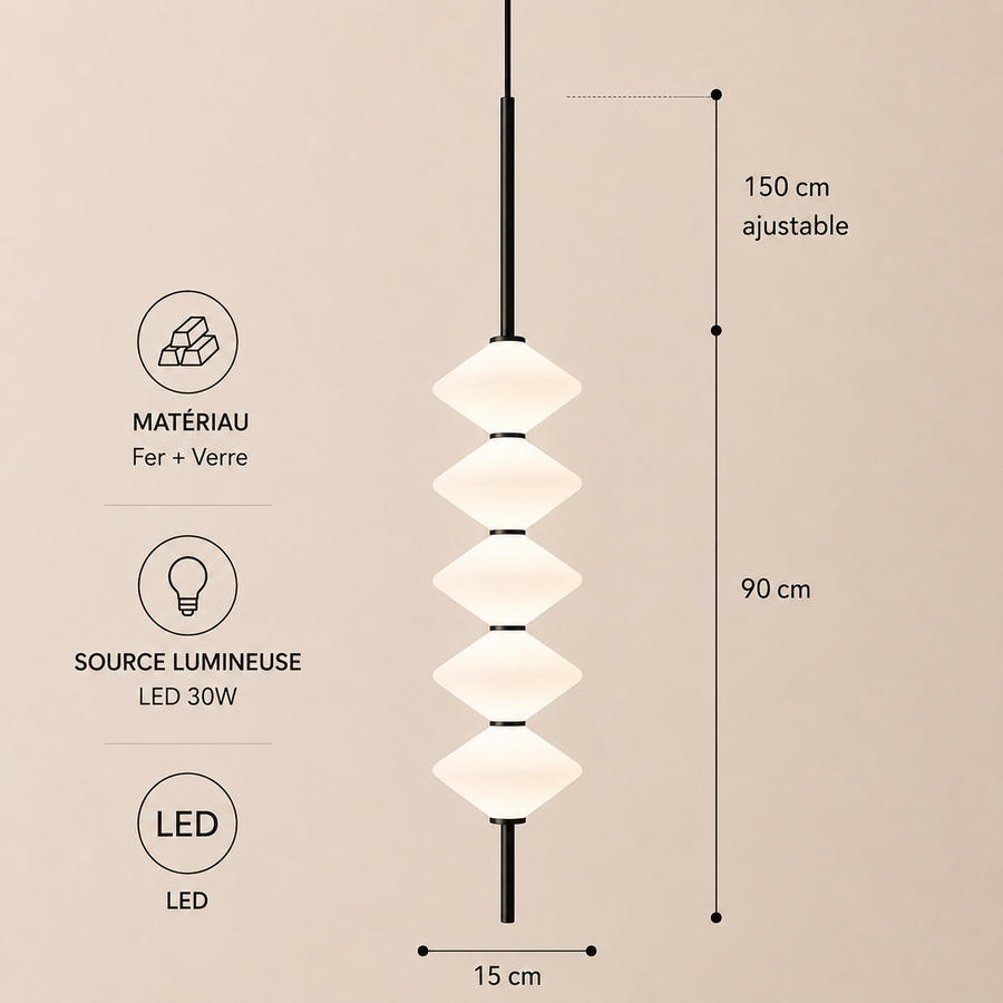 Suspension Géométrique Verre Opalin et Métal Noir - Chambre Salon Cuisine — Facetto