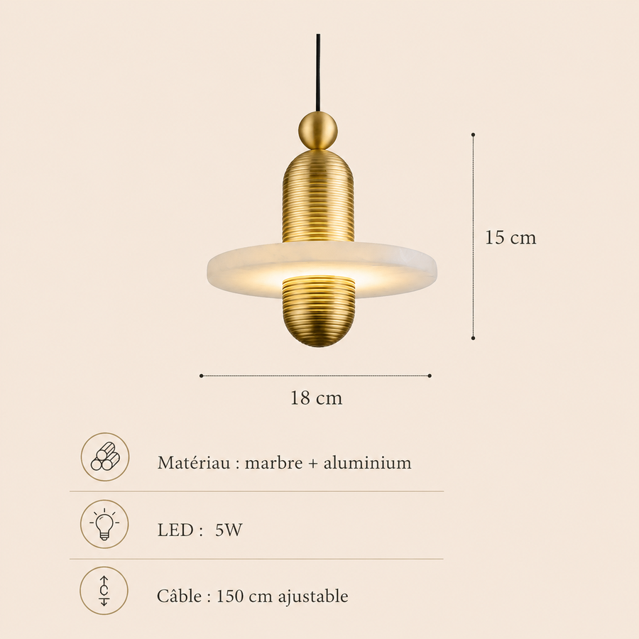 Suspension Cylindre Laiton et Marbre Blanc Art Déco - Chambre Salon Cuisine — Arabella