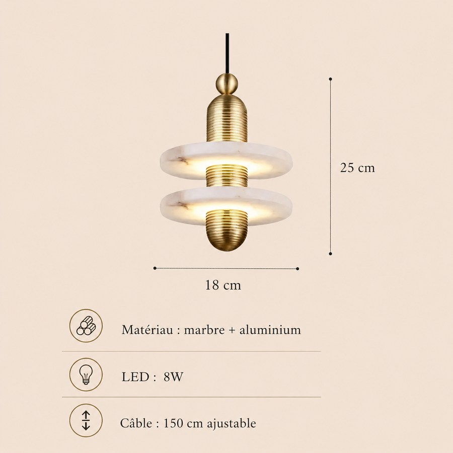 Suspension Cylindre Laiton et Marbre Blanc Art Déco - Chambre Salon Cuisine — Arabella
