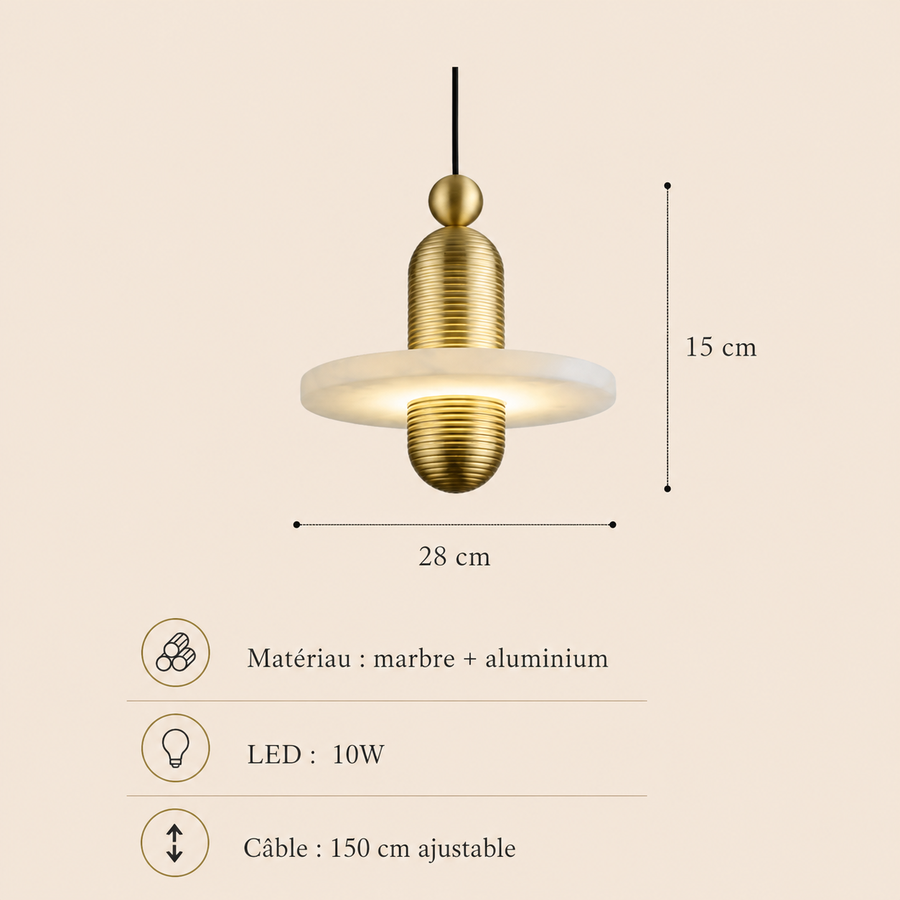 Suspension Cylindre Laiton et Marbre Blanc Art Déco - Chambre Salon Cuisine — Arabella