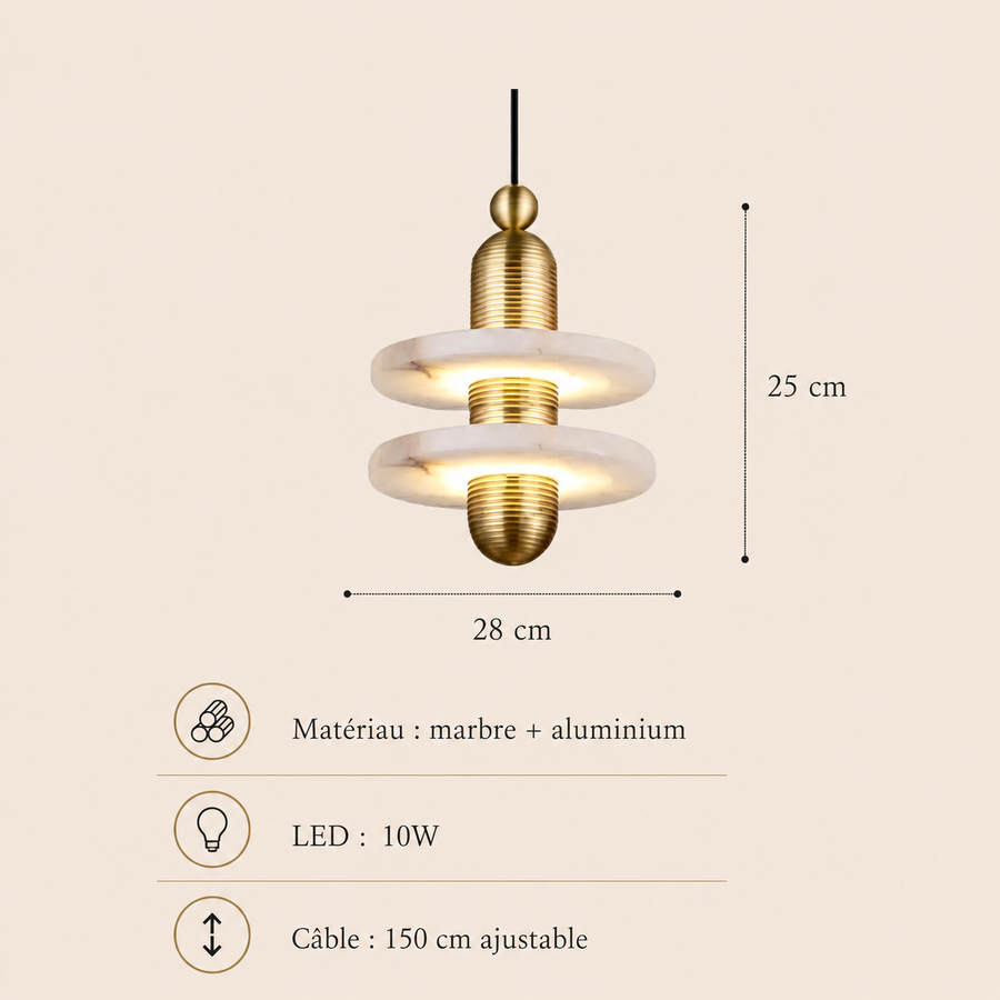Suspension Cylindre Laiton et Marbre Blanc Art Déco - Chambre Salon Cuisine — Arabella