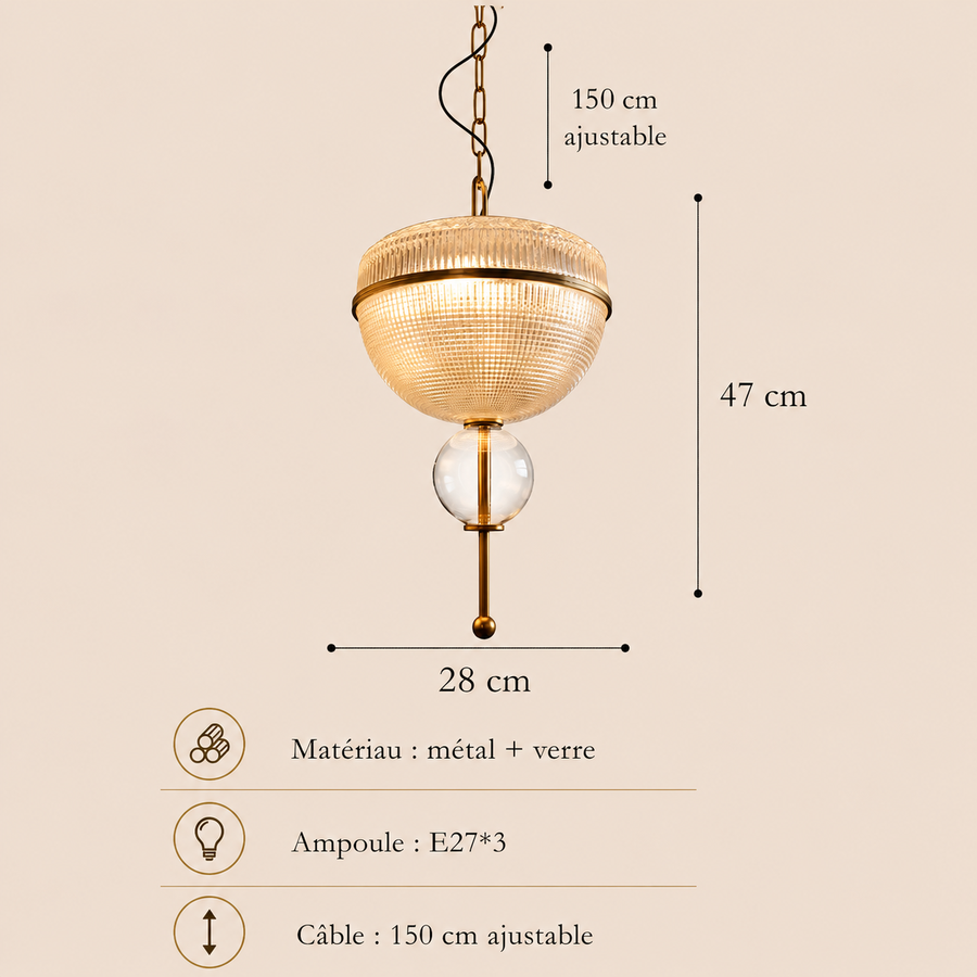 Suspension Sphère Verre Texturé et Laiton Doré Art Déco Boule - Salon Salle à Manger Chambre — Astro