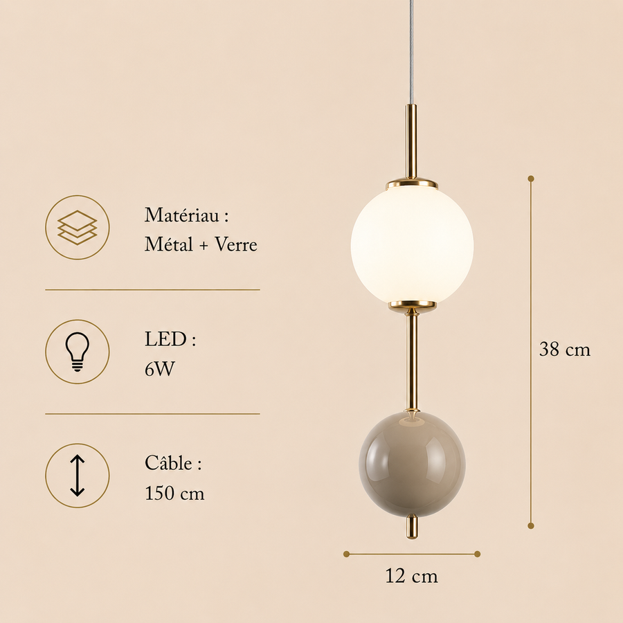 Suspension Sphère Verre Opalin et Céramique Taupe Minimaliste Design Boule - Chambre Salon Cuisine — Aldebaran
