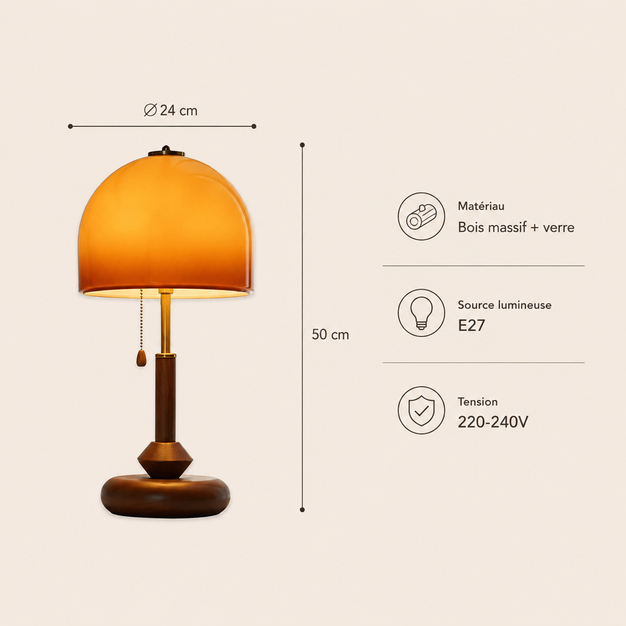Lampe de Table Dôme Verre Ambré et Bois Sombre - Chambre Bureau Salon — Voûte