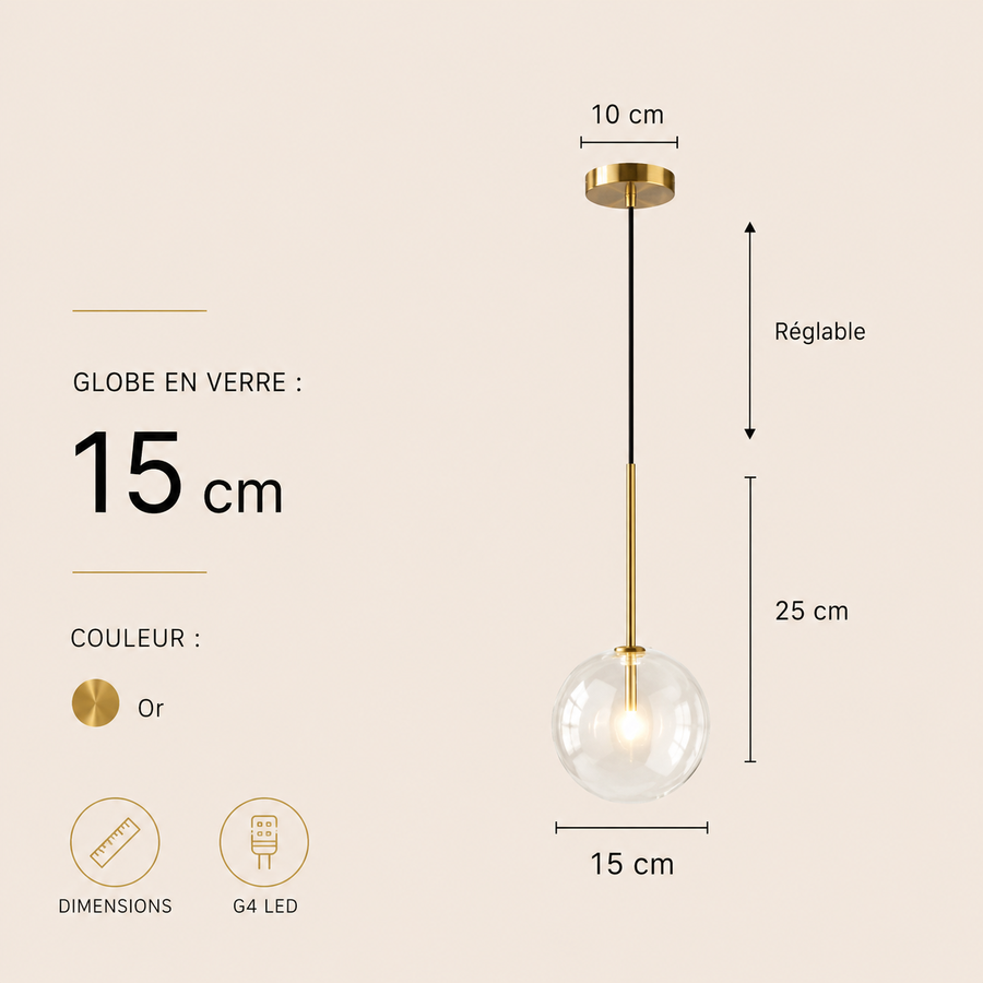Suspension Sphère Verre Transparent et Laiton Minimaliste Design Boule - Cuisine Salon Salle à Manger — Acrux